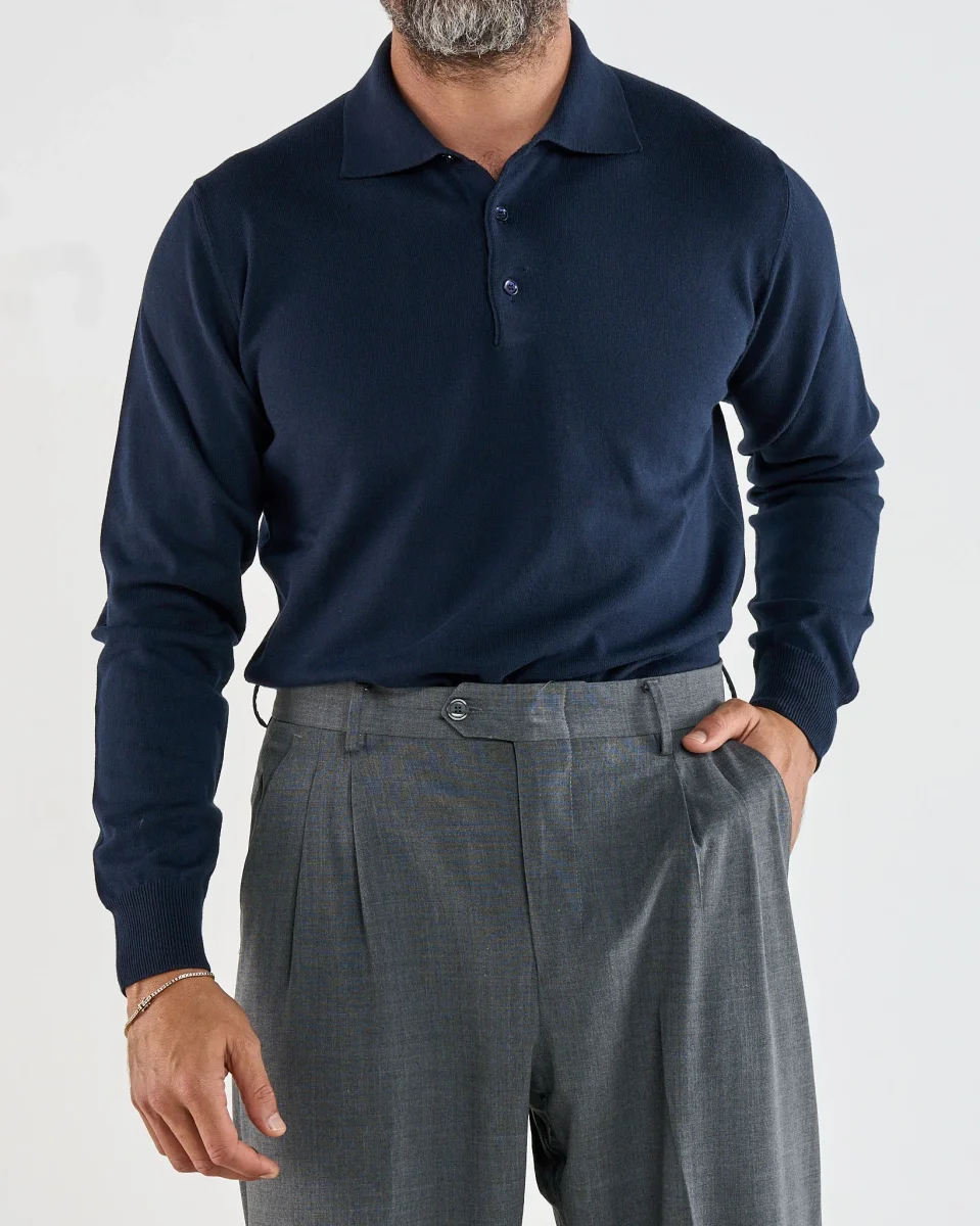 Polo Manica Lunga Tre Bottoni Blu